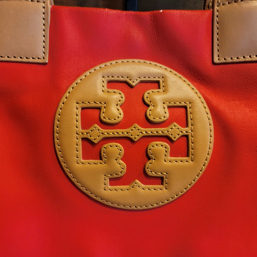 Tory Burch Red and Tan Vegan Leather Ella Tote Bag with Signature Medallion - Picture 10 of 12